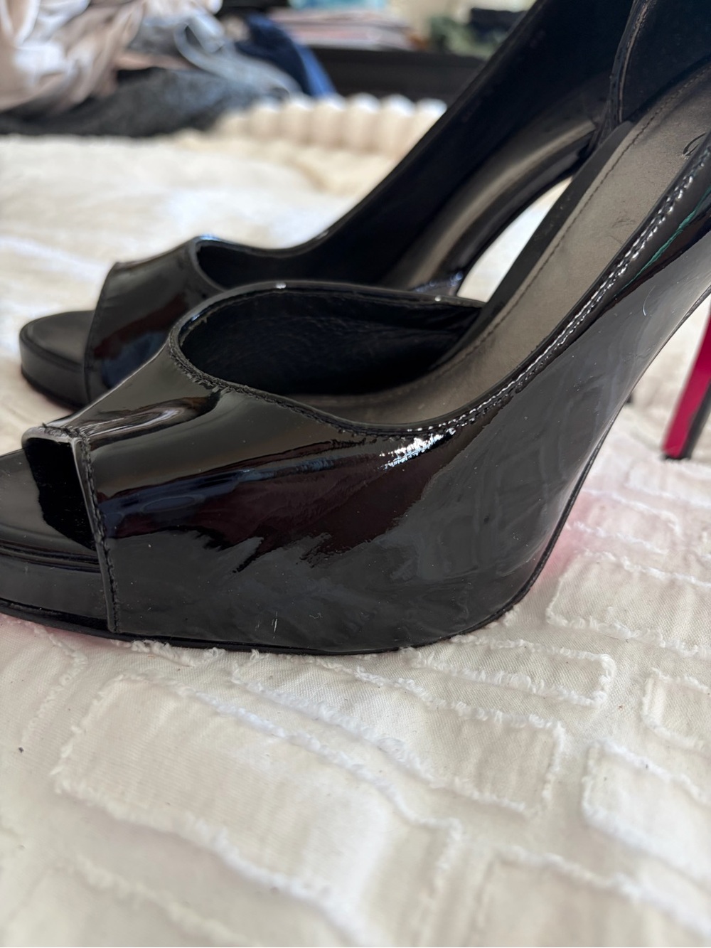 bebe Black Patent Peep-Toe Pumps with Pink Stiletto Heel